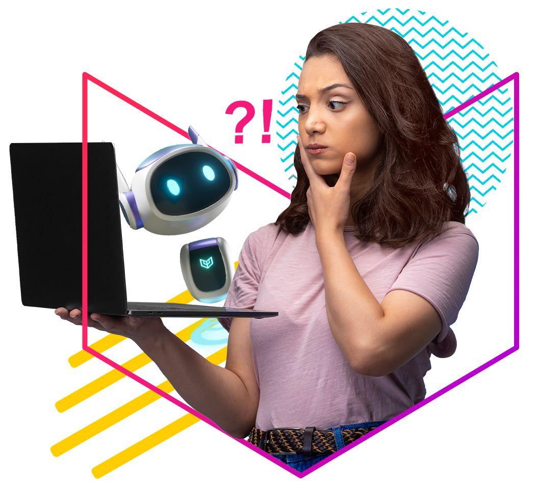 Mulher trabalhando em laptop ao lado de robô da PlayerUm, ilustrando gamificação em empresas. 