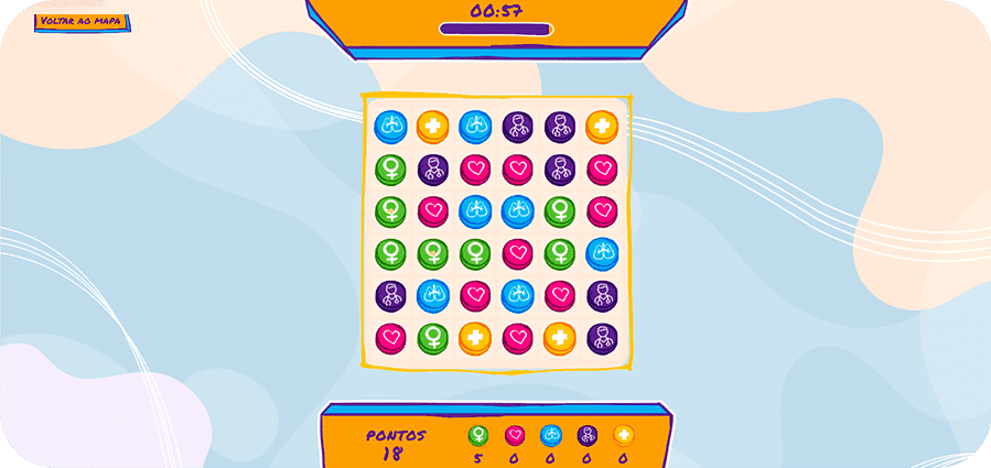 Jogo no estilo Candy Crush construído para a Libbs mostra puzzle com ícones relacionados à medicina e contagem de pontos do usuário. 