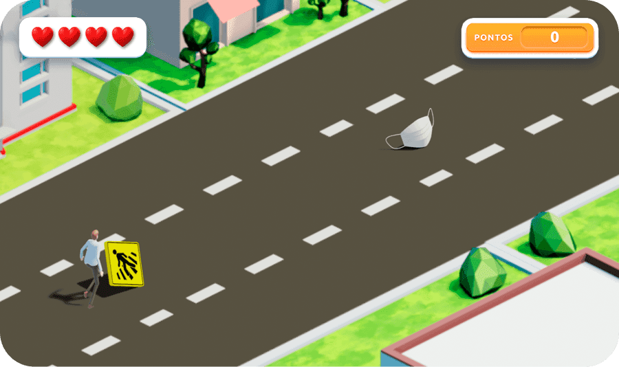 Jogo interativo da SIPAT Globo mostra avatar correndo em rua, com dinâmica de desvio de obstáculos relacionados à saúde e à segurança do trabalho e captura de prêmios exibidos no mapa. O jogo pode ser aplicado na gamificação em empresas. 