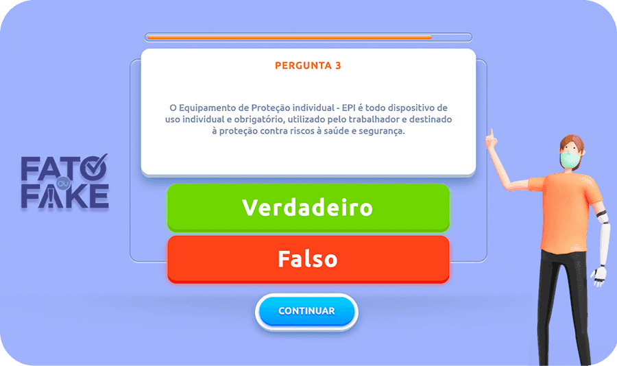 Quiz Fato ou Fake da SIPAT Globo mostra pergunta sobre uso de Equipamento de Proteção Individual - EPI, destinada à conscientização sobre saúde e segurança, convidando o usuário a marcar verdadeiro ou falso. 